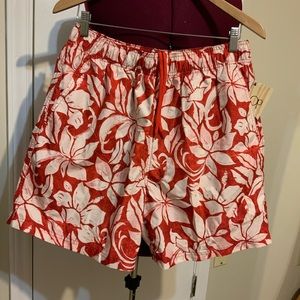 NWT OP Men's Mesh Lined Swim Trunks Short Floral Red/White color